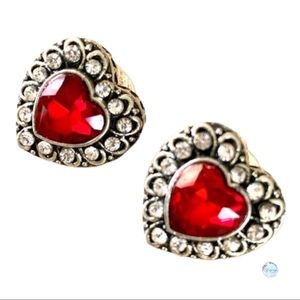 Red Crystal Heart Silver Tone Post Earrings